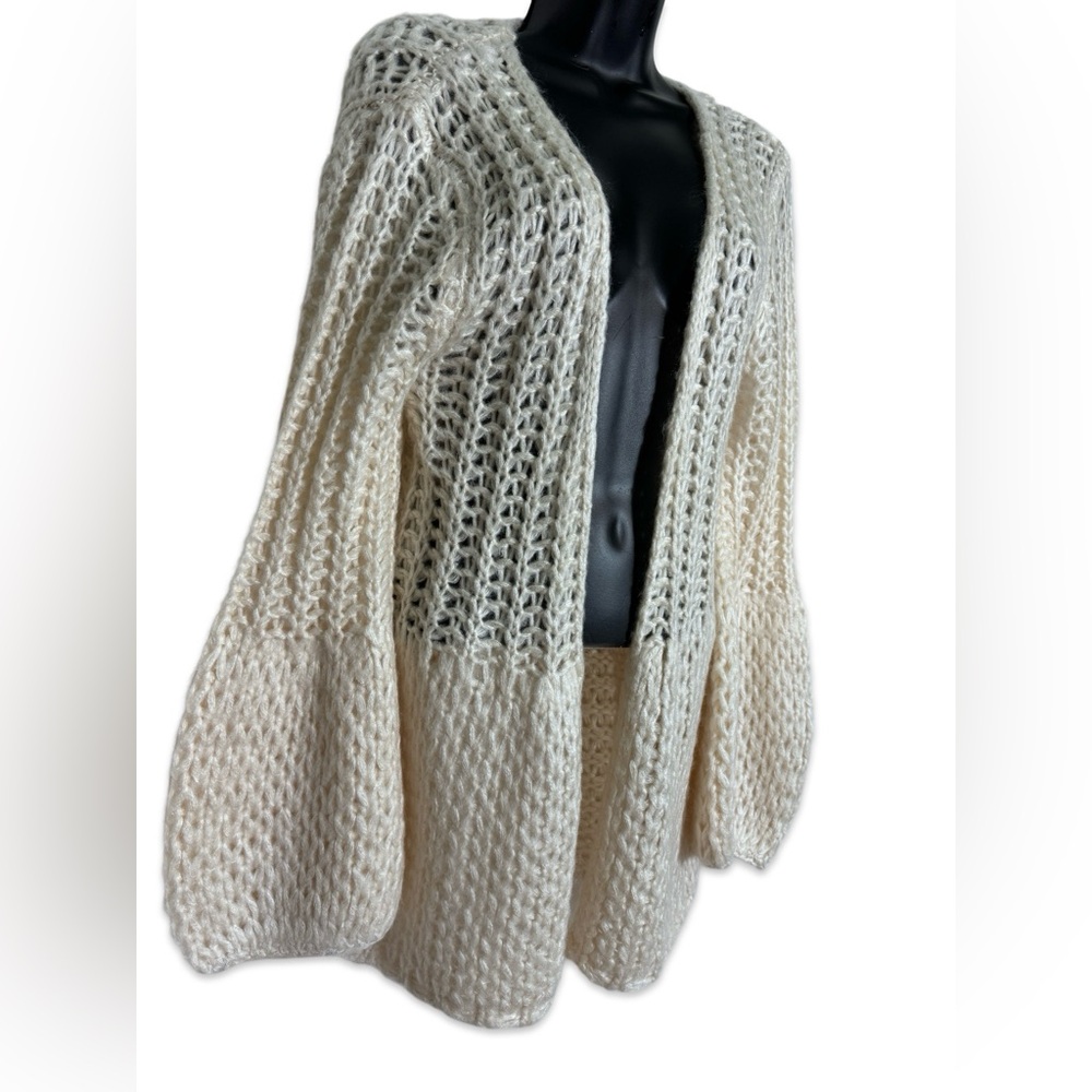 PINK LILY Women's Open Front Ivory Loose Weave Cardigan - Picture 2 of 7
